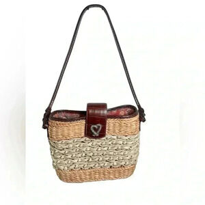 Brighton Basket Weave Straw & Leather Shoulder Bag snap top closure heart charm